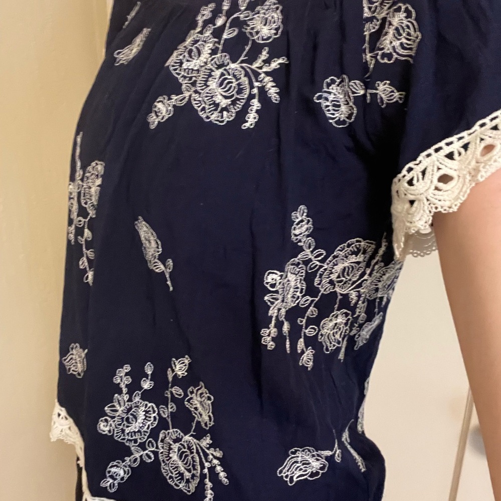 Navy Blue Floral Lace Trim Blouse